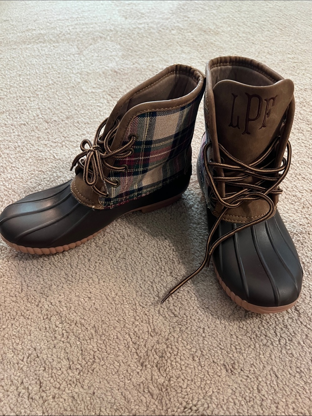 LPF Plaid Trim Brown Duck Boots for Women